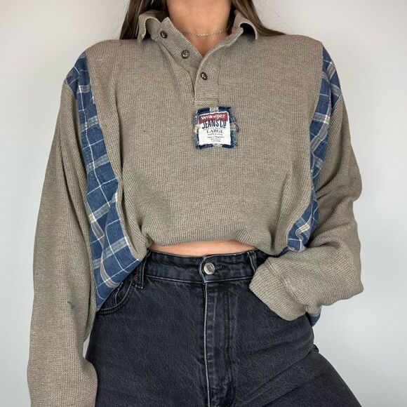 Wrangler Reworked Flannel Sweater Brown Relaxed Oversized Western Shirt Top - Picture 4 of 4